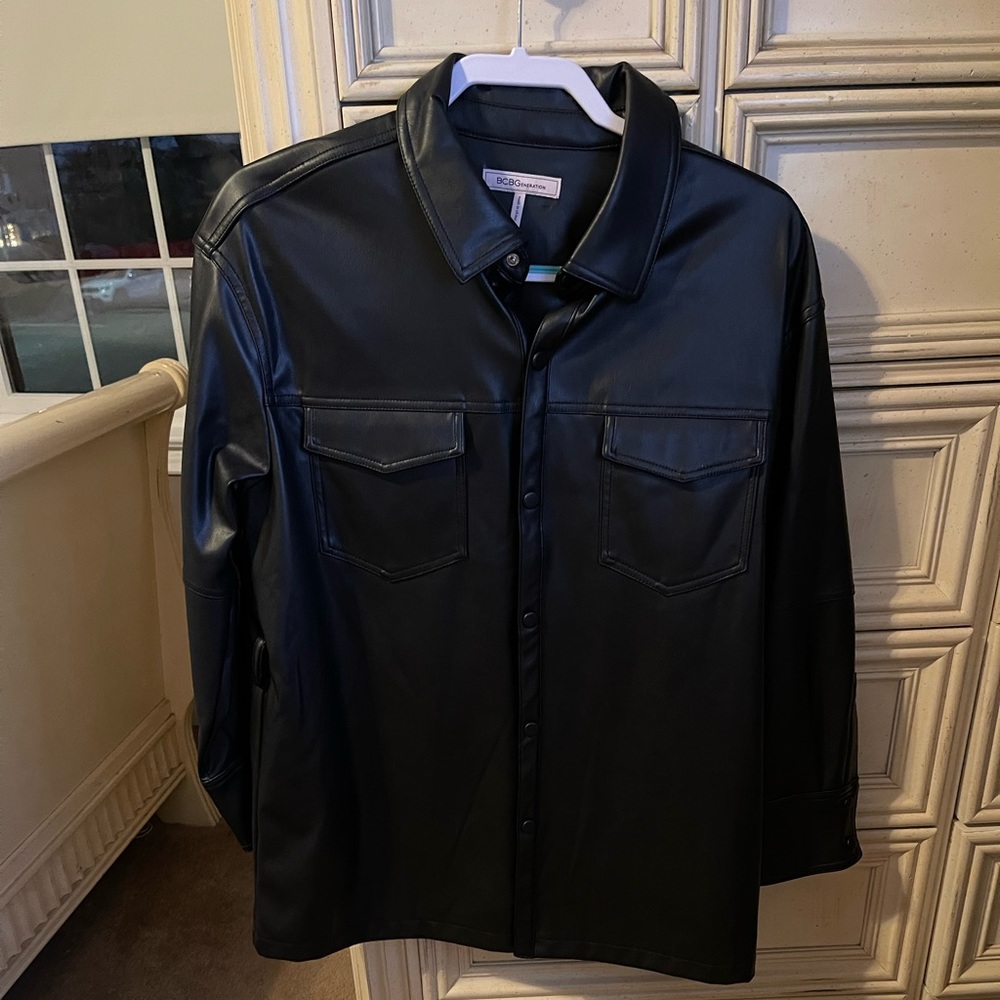 Faux leather shirt jacket